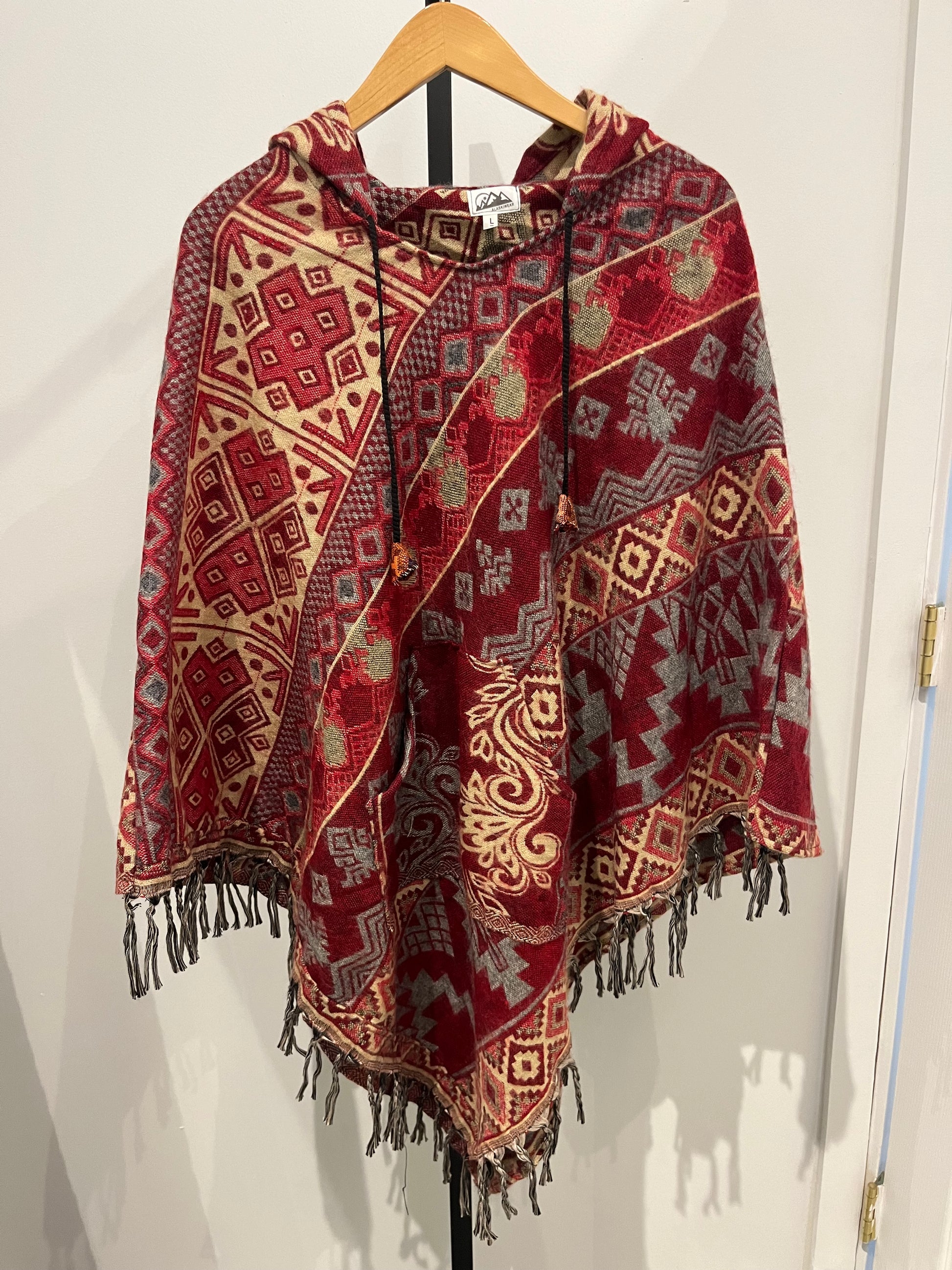AlaskiWear Adult Blanket Poncho Long-Kimonos, Cardigans & Wraps-Cream/Red/Grey-Bottoms Up Boutique-Anchorage AK