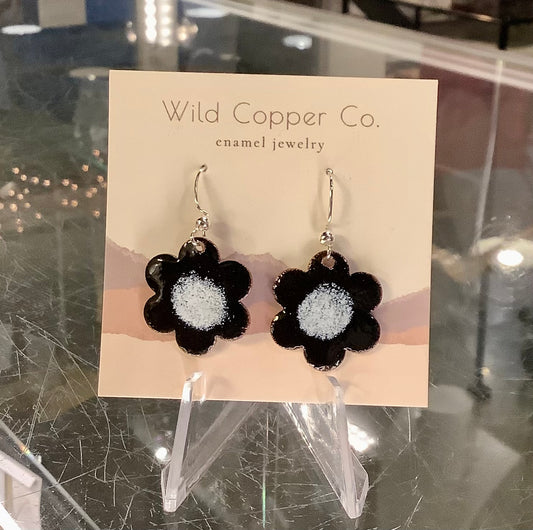Black and Silver Flower Enamel Coated Earrings