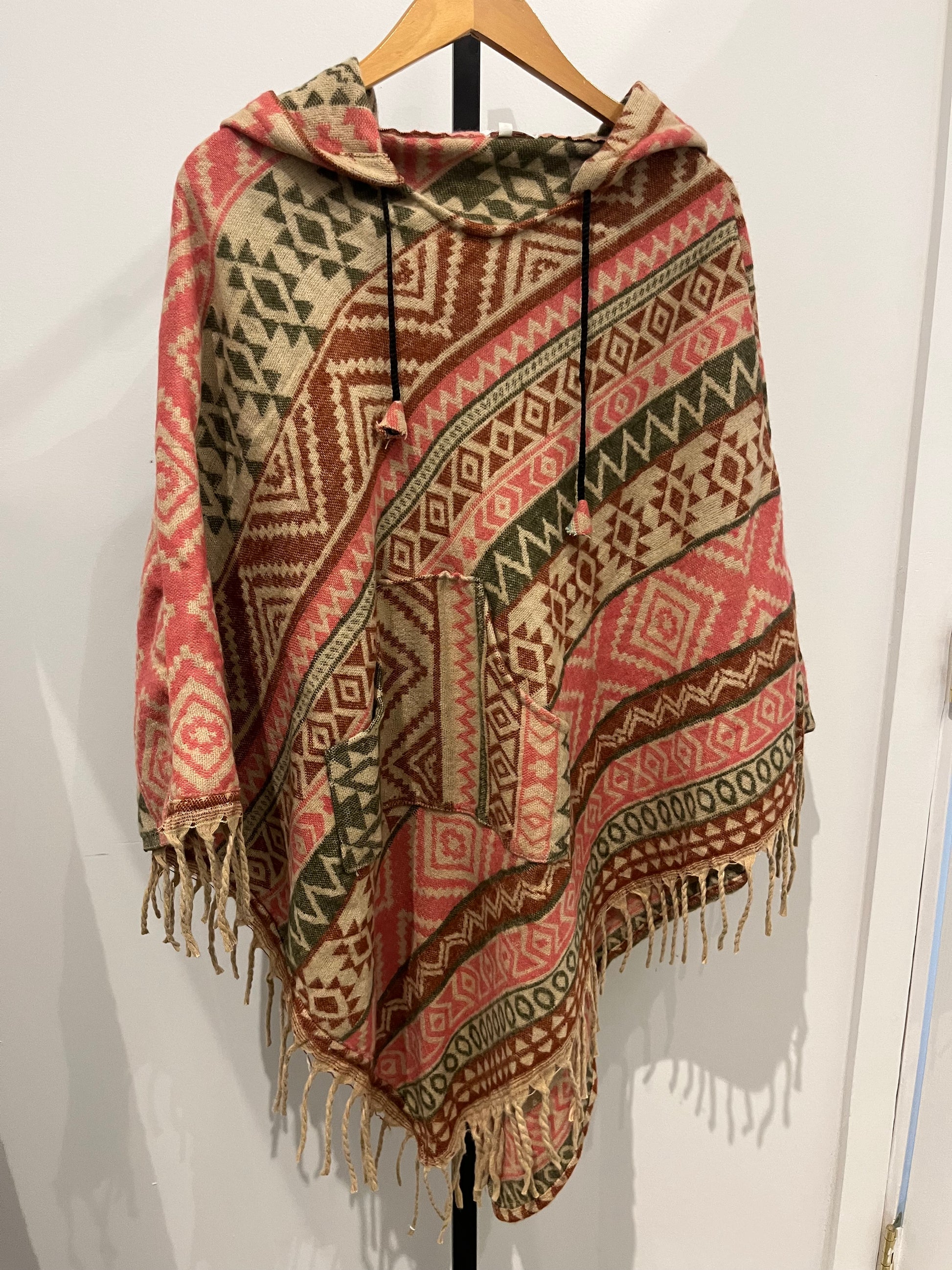 AlaskiWear Adult Blanket Poncho Long-Kimonos, Cardigans & Wraps-Pink/Beige/Brown-Bottoms Up Boutique-Anchorage AK
