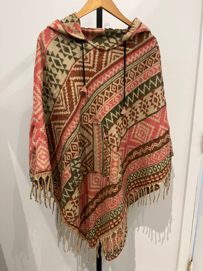 AlaskiWear Adult Blanket Poncho Long-Kimonos, Cardigans & Wraps-Pink/Beige/Brown-Bottoms Up Boutique-Anchorage AK