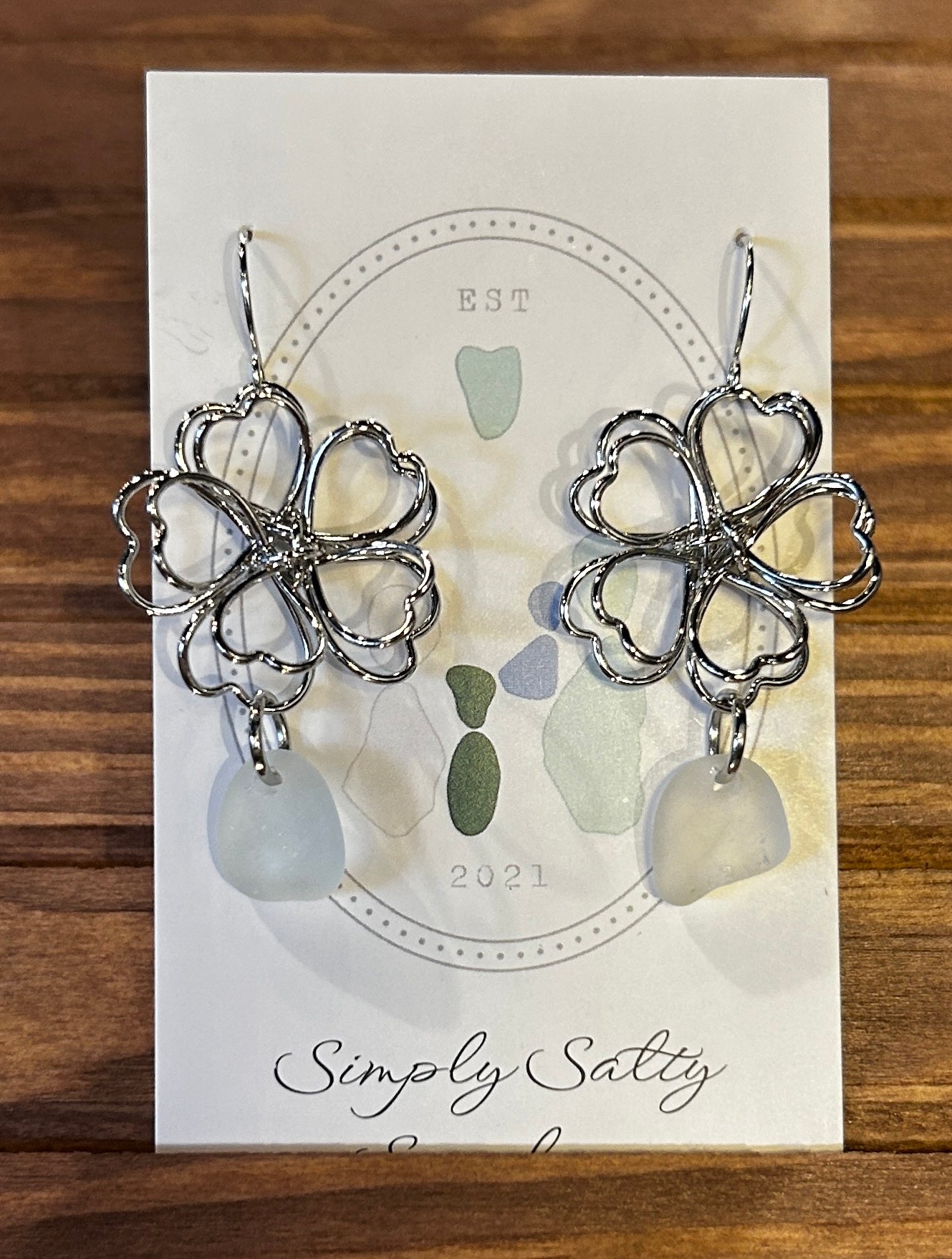 Silver Wire Flower Earrings w/ White Seaglass