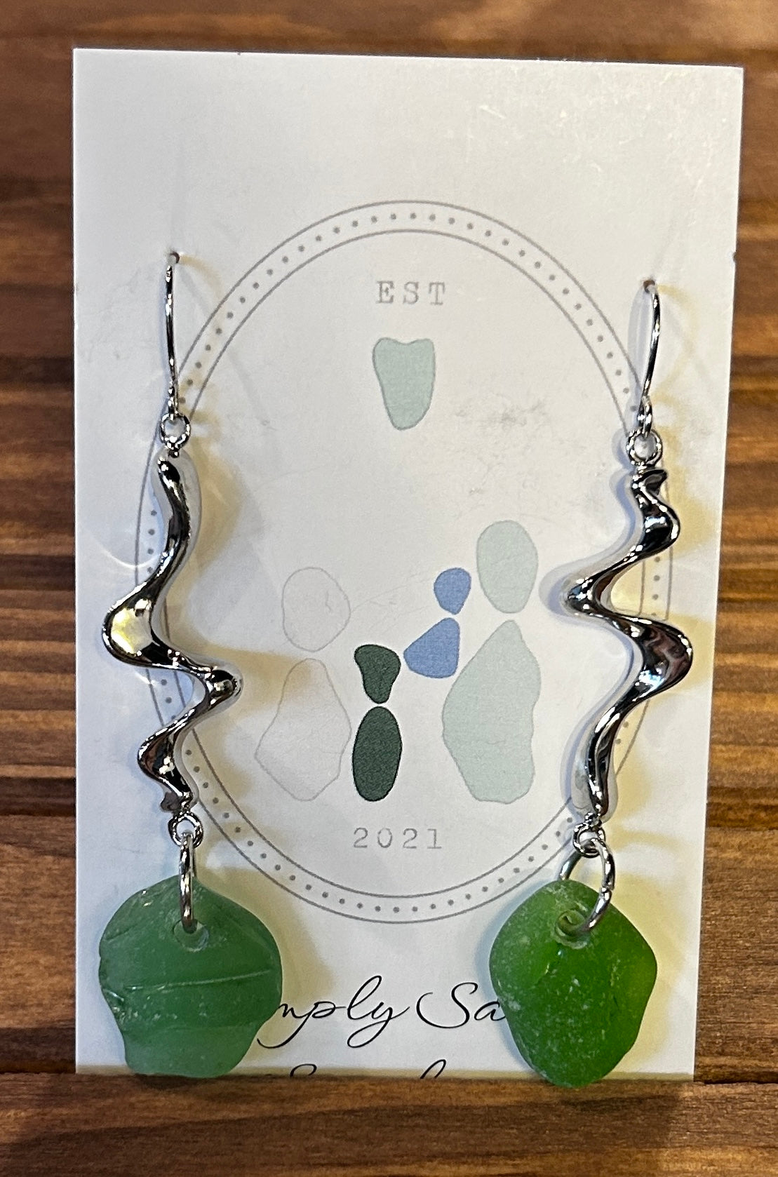 Silver Wavy Bar Drop Earrings w/ Green Seaglass