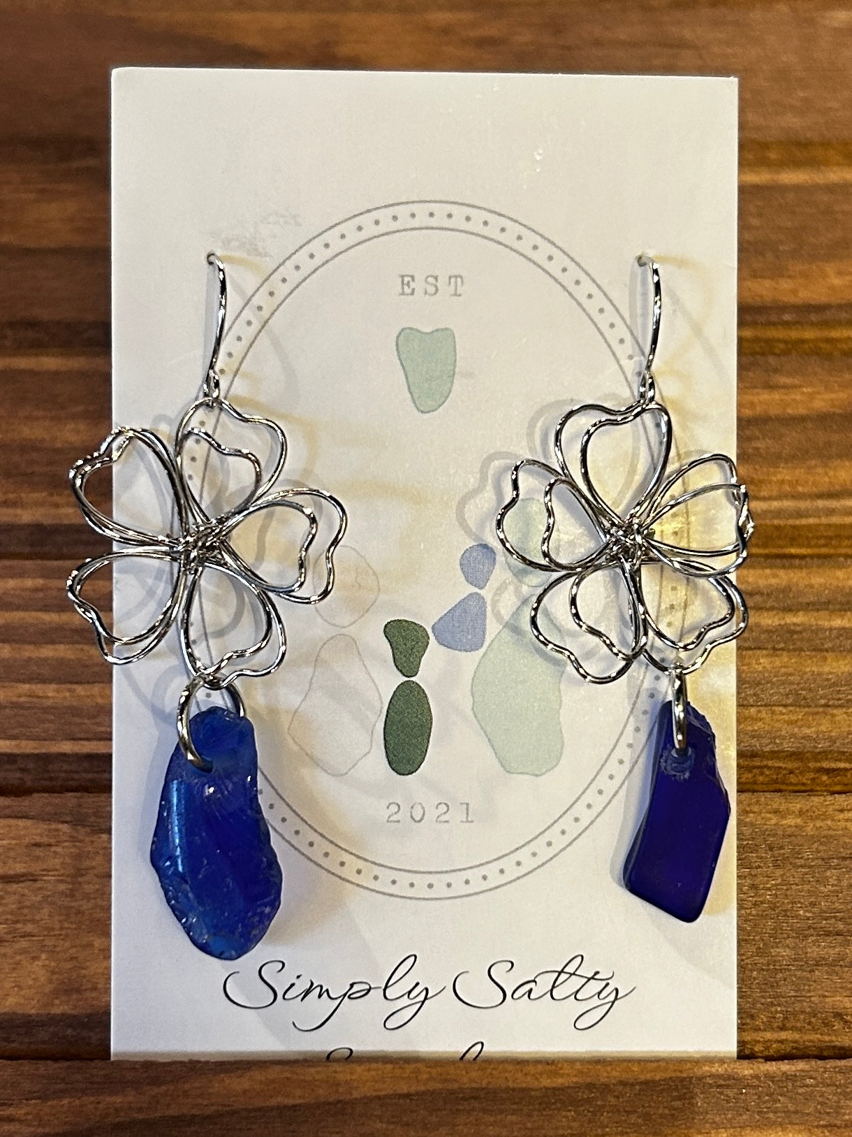 Silver Wire Flower Earrings w/ Cobalt Blue Seaglass