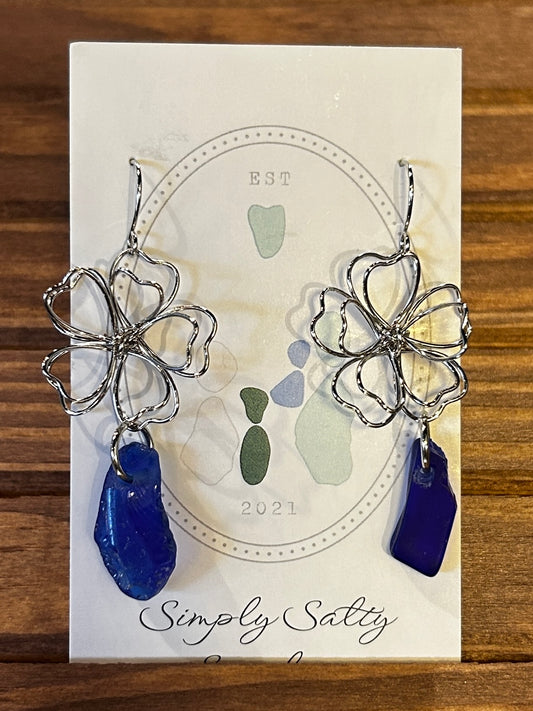 Silver Wire Flower Earrings w/ Cobalt Blue Seaglass