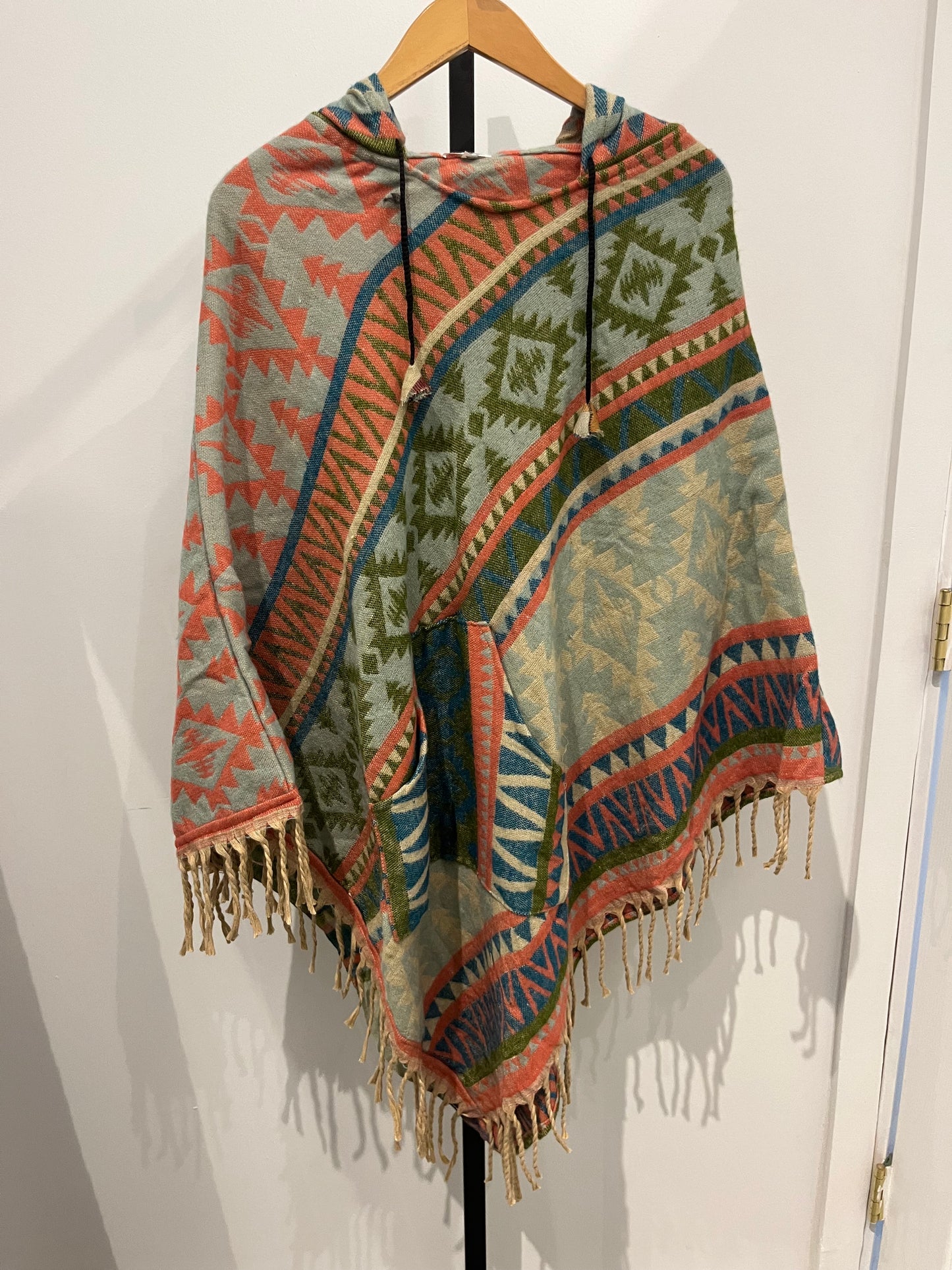 AlaskiWear Adult Blanket Poncho Long-Kimonos, Cardigans & Wraps-Beige/Pink/Blue-Bottoms Up Boutique-Anchorage AK