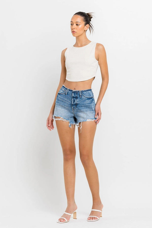 High Rise Band-less Distressed Shorts