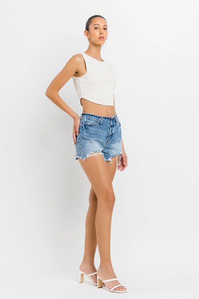 High Rise Band-less Distressed Shorts