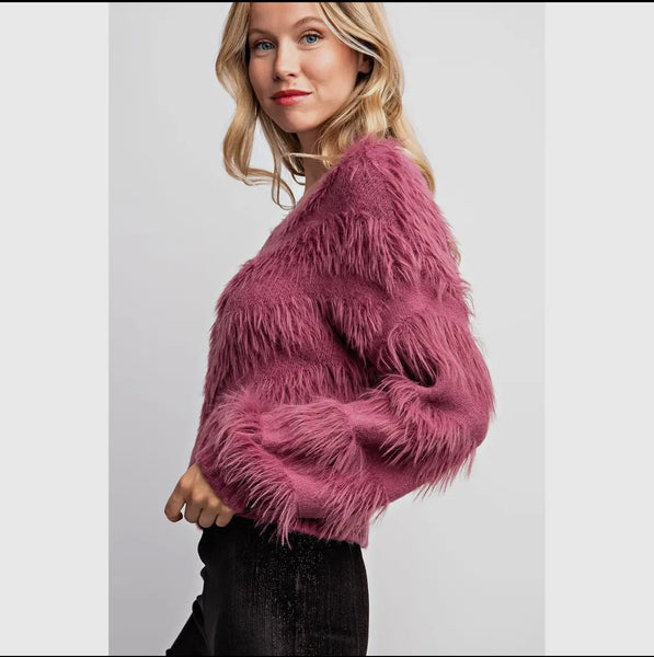 Fuzzy Pink V Neck Sweater