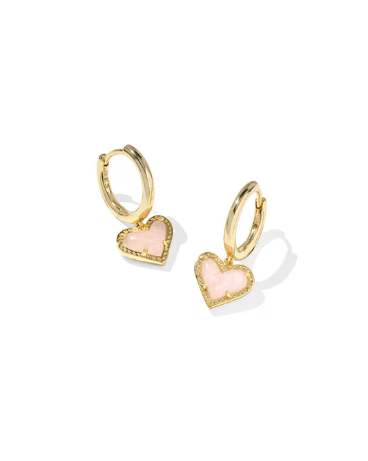 Ari Heart Gold Huggie Earrings in Rose Quartz