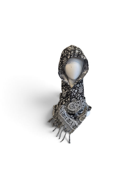 Hooded Scarf Black & White Paisley-Local-Alaskiwear-Bottoms Up Boutique