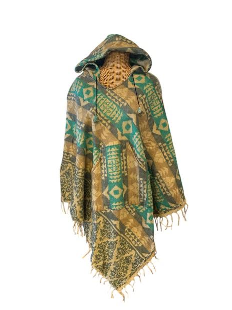 AlaskiWear Adult Blanket Poncho Long-Kimonos, Cardigans & Wraps-Cream/Taupe/Aqua-Bottoms Up Boutique-Anchorage AK