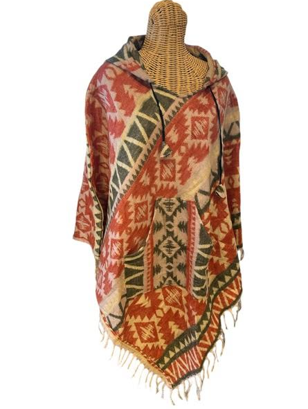 AlaskiWear Adult Blanket Poncho Long-Kimonos, Cardigans & Wraps-White/Red/Grey-Bottoms Up Boutique-Anchorage AK
