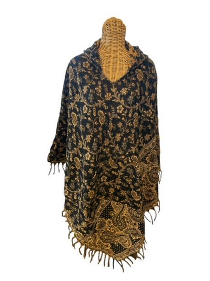 AlaskiWear Adult Blanket Poncho Long-Kimonos, Cardigans & Wraps-Black/Gold-Bottoms Up Boutique-Anchorage AK