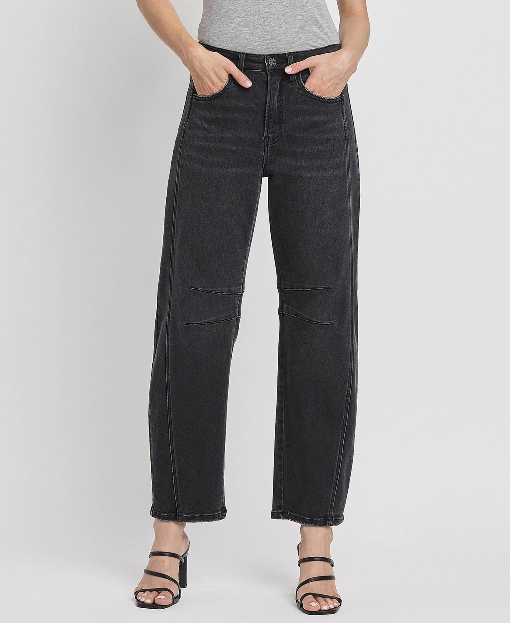 High Rise Ankle Barrel Leg Jeans - Black