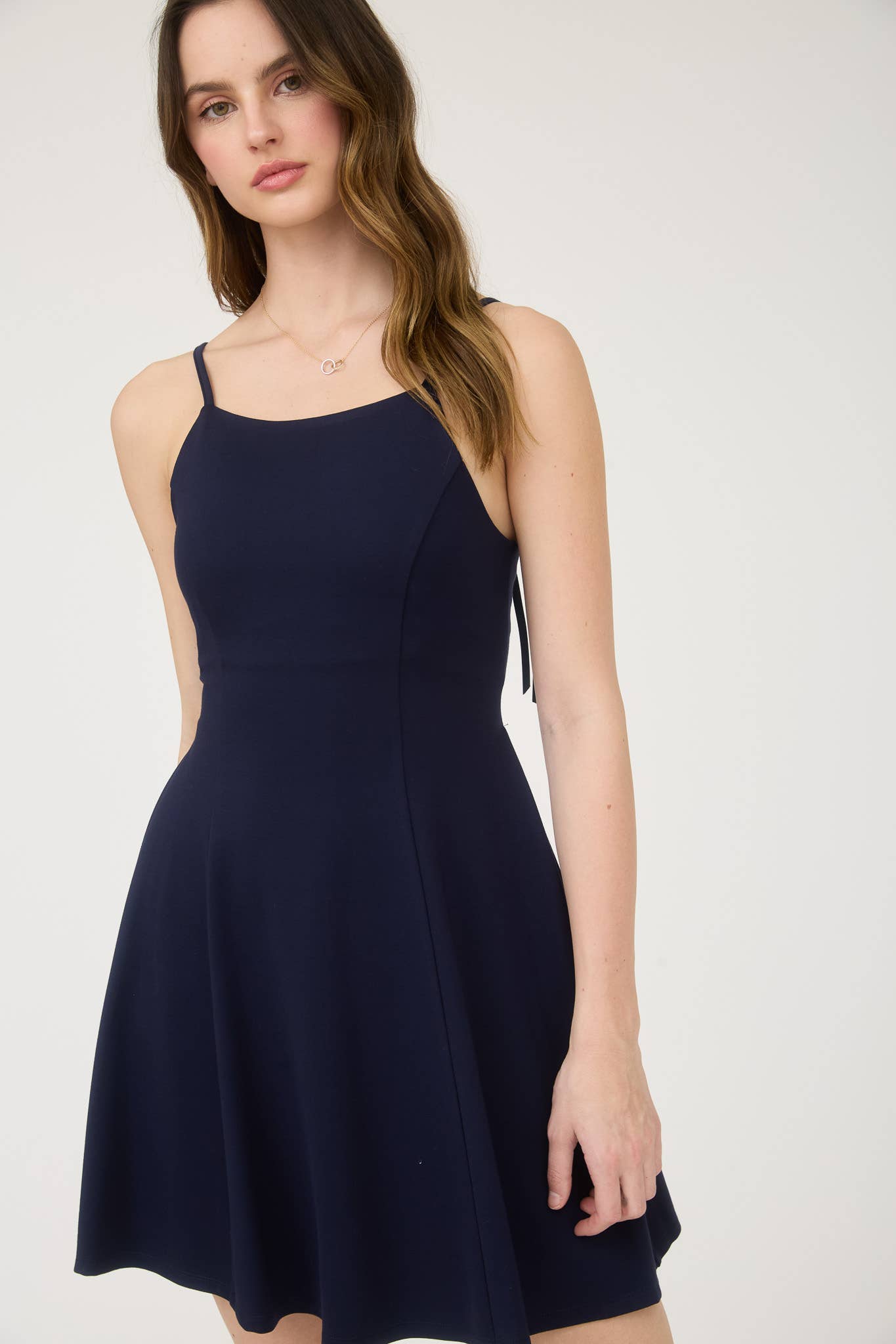 Spaghetti Strap Navy Dress w/ Bow Accents