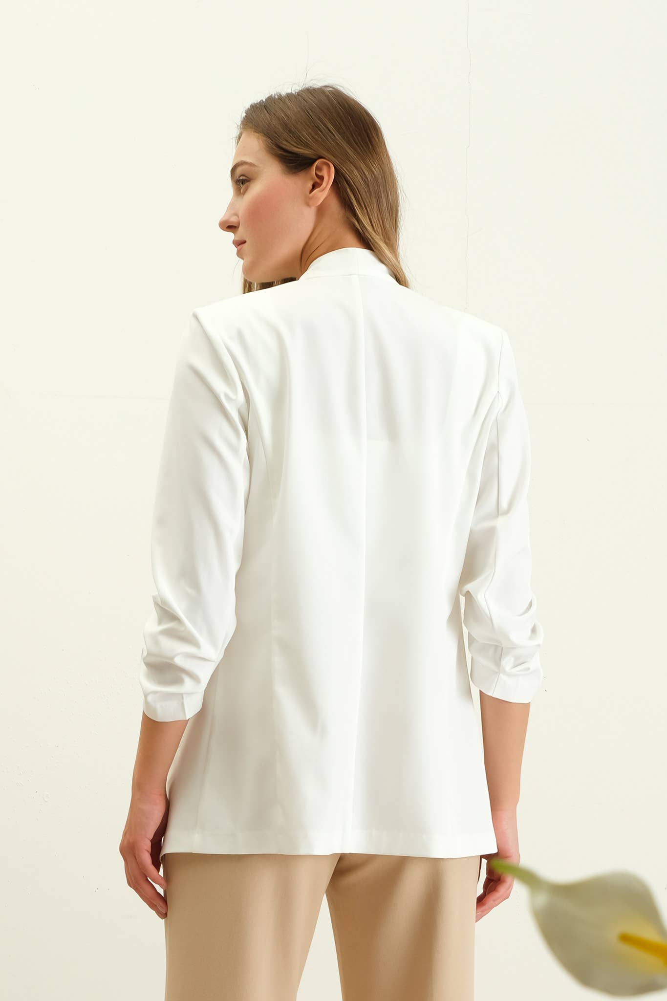 Collarless Ruched Sleeve Longline Blazer