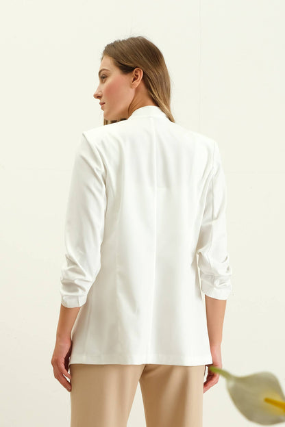 Collarless Ruched Sleeve Longline Blazer