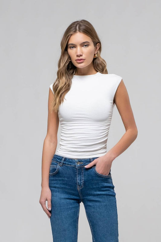Reversible Scrunch Funnel Neck Top - White-Shirts & Tops-Bottoms Up Boutique-Anchorage AK