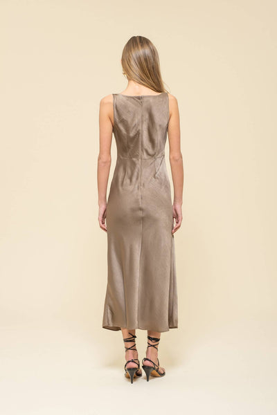 Satin Cowl Neck Sleeveless Midi Dress - Mocha