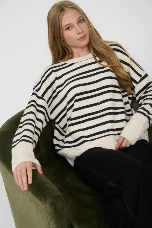 Cream Stripe Front Seam Sweater