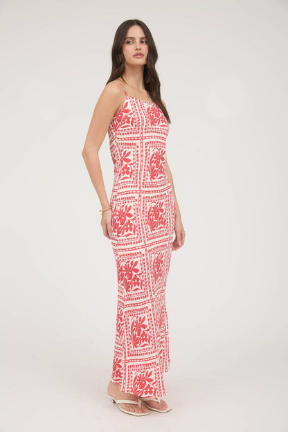 Floral Tile Print Spaghetti Strap Midi Dress