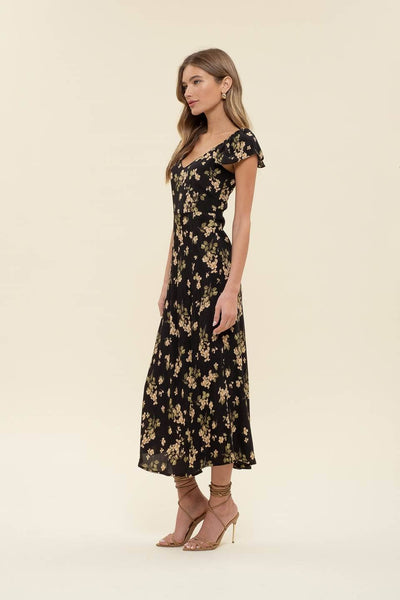 Black Floral Ruffle Midi Dress