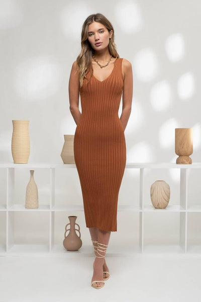 V Neck Sleeveless Sweater Midi Dress - Copper