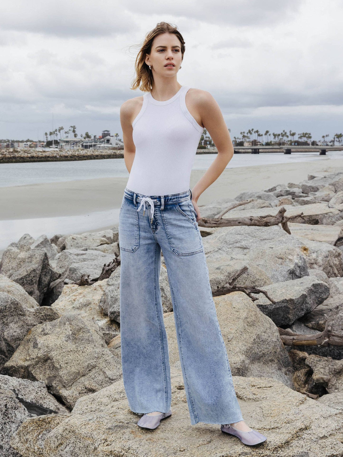 Drawstring Waist Wide Leg Jeans