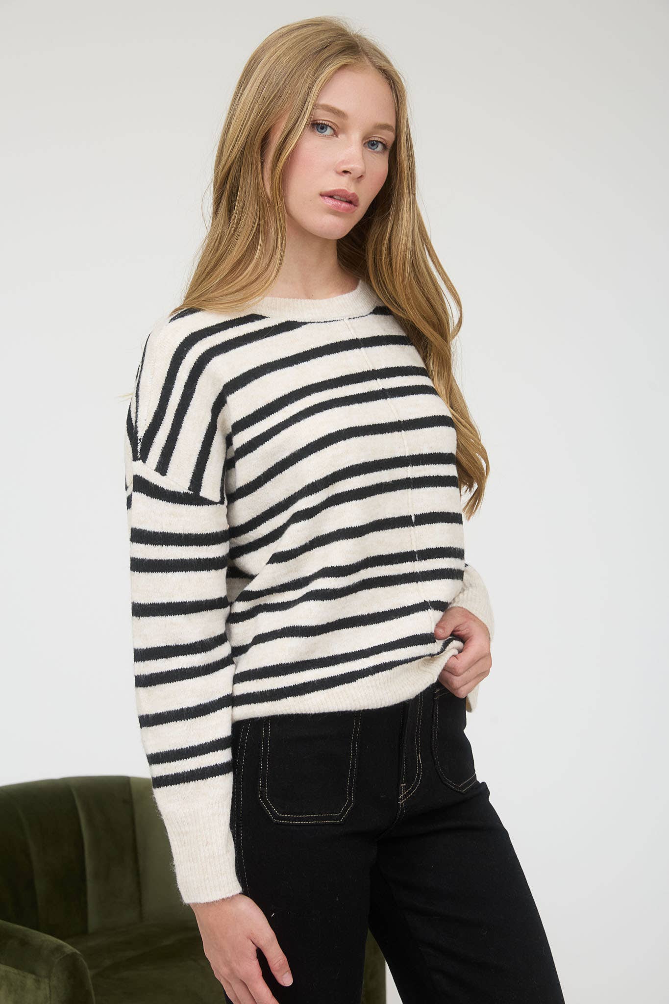 Cream Stripe Front Seam Sweater