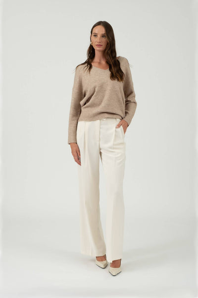 Taupe Drop Shoulder V Neck Sweater