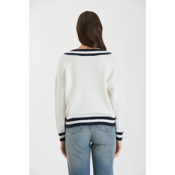 Contrast Line V Neck Long Sleeve Knit Sweater