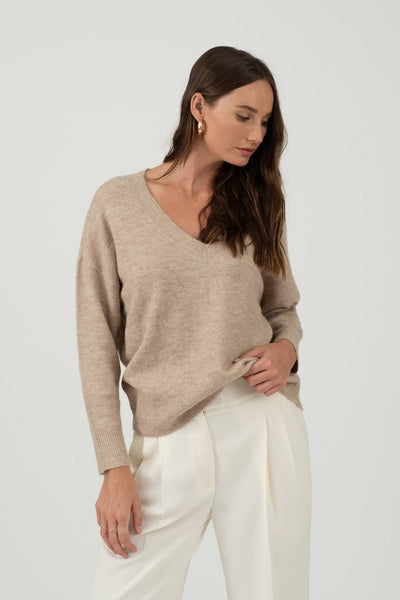 Taupe Drop Shoulder V Neck Sweater