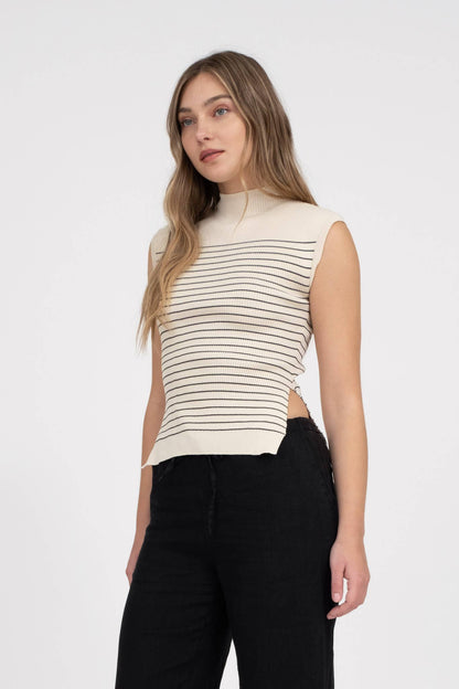 Stripe Mock Neck Sleeveless Sweater