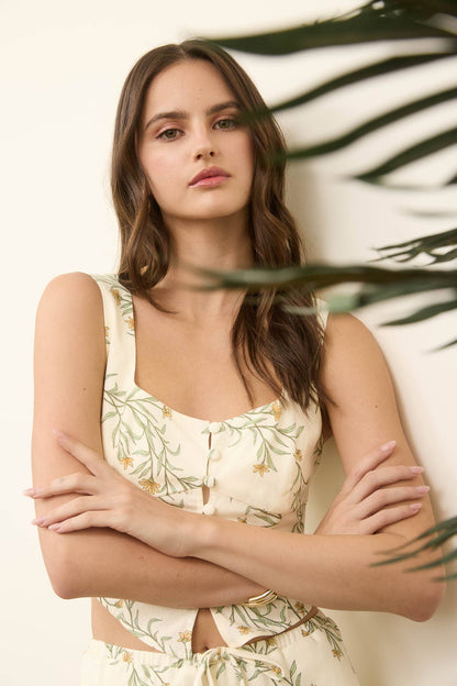 Floral Corset Detail Button Down Linen Crop Top