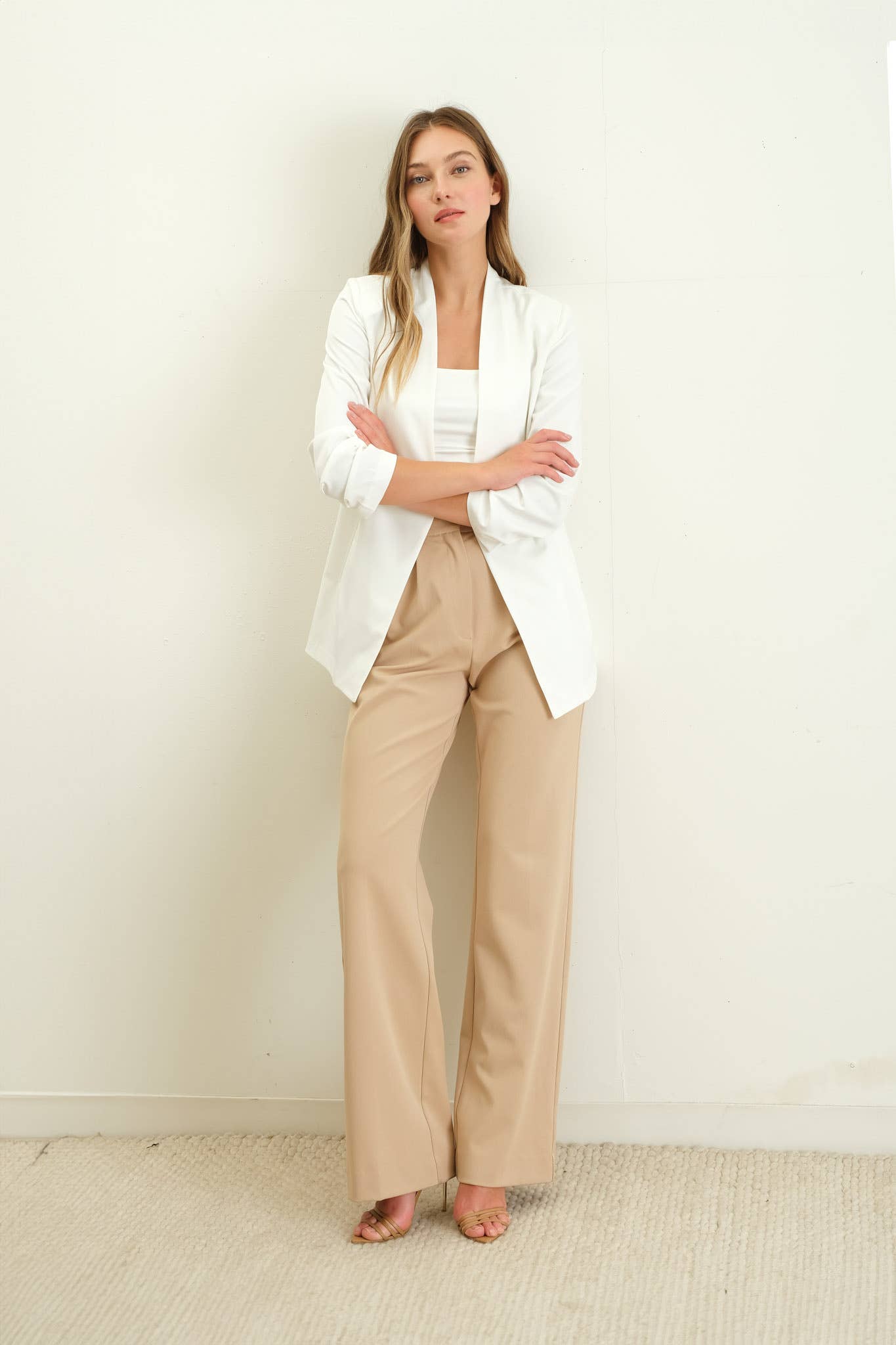 Collarless Ruched Sleeve Longline Blazer