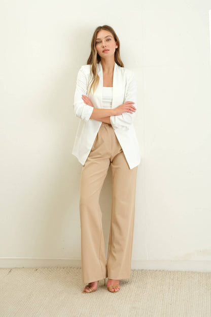Collarless Ruched Sleeve Longline Blazer