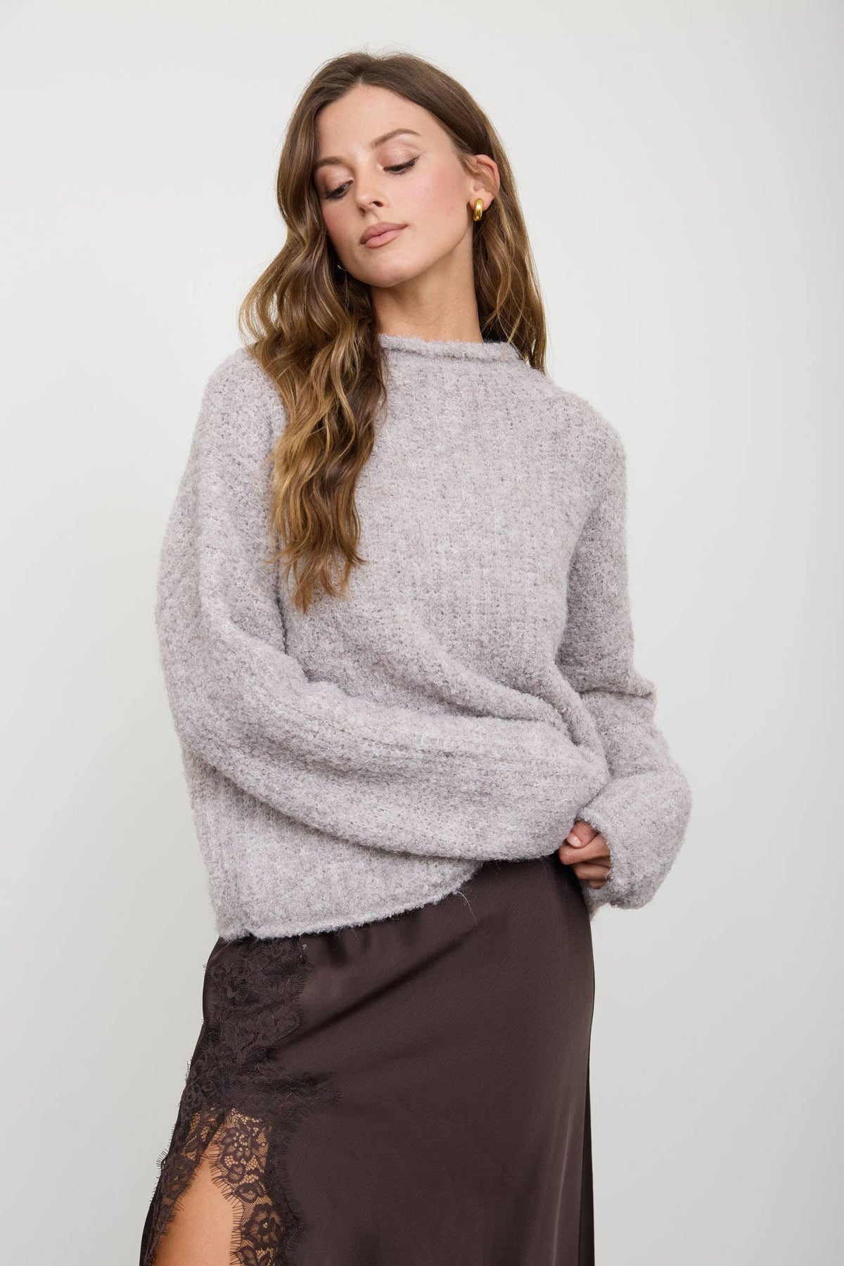 Blu Pepper - FUZZY KNIT RAW MOCK NECK LONG SLEEVE KNIT SWEATER-Blu Pepper-Bottoms Up Boutique
