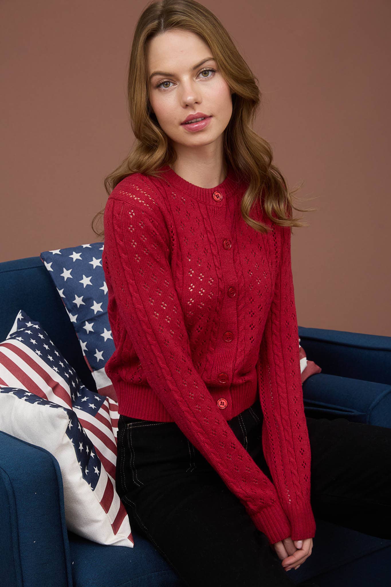 Deep Red Cable Knit Cardigan