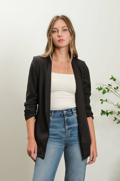 Collarless Ruched Sleeve Longline Blazer