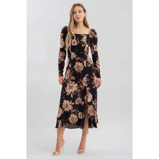 Floral Square Neck Long Sleeve Dress-Dresses-Bottoms Up Boutique-Anchorage AK