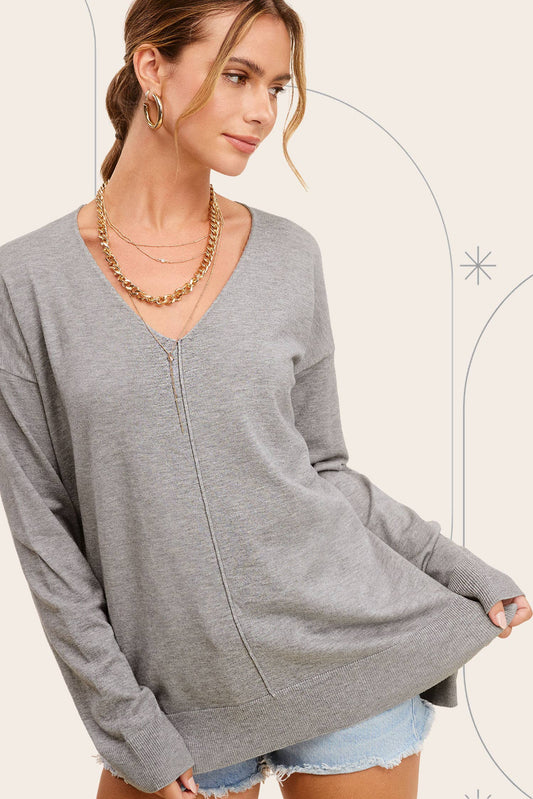 Grey V-Neck Long Sleeve Knit Top