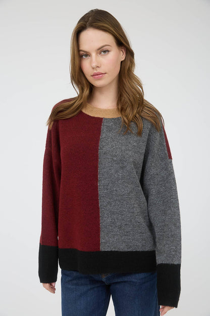 Red Wood Color Block Sweater