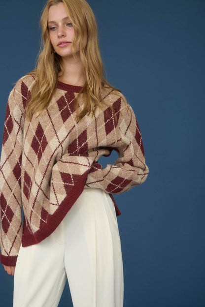 Burgundy Argyle Pattern Sweater