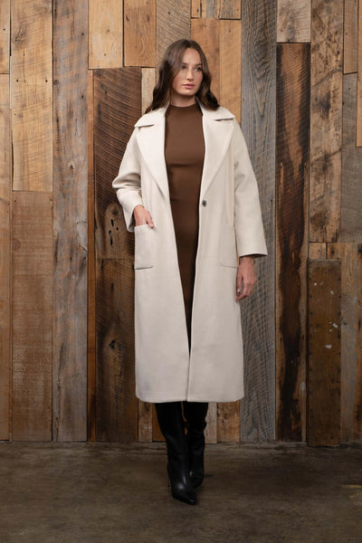 Cream Long Line Solid Button Coat