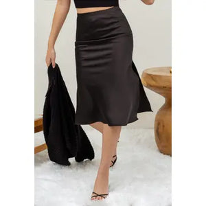 Satin Side Slit Midi Skirt