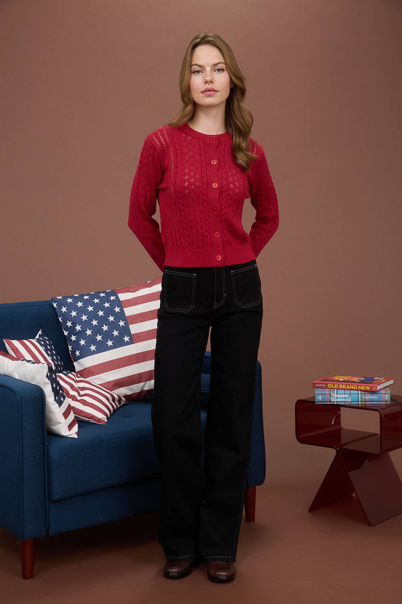 Deep Red Cable Knit Cardigan