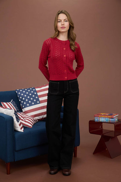 Deep Red Cable Knit Cardigan