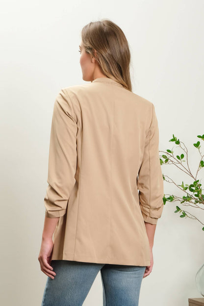 Collarless Ruched Sleeve Longline Blazer