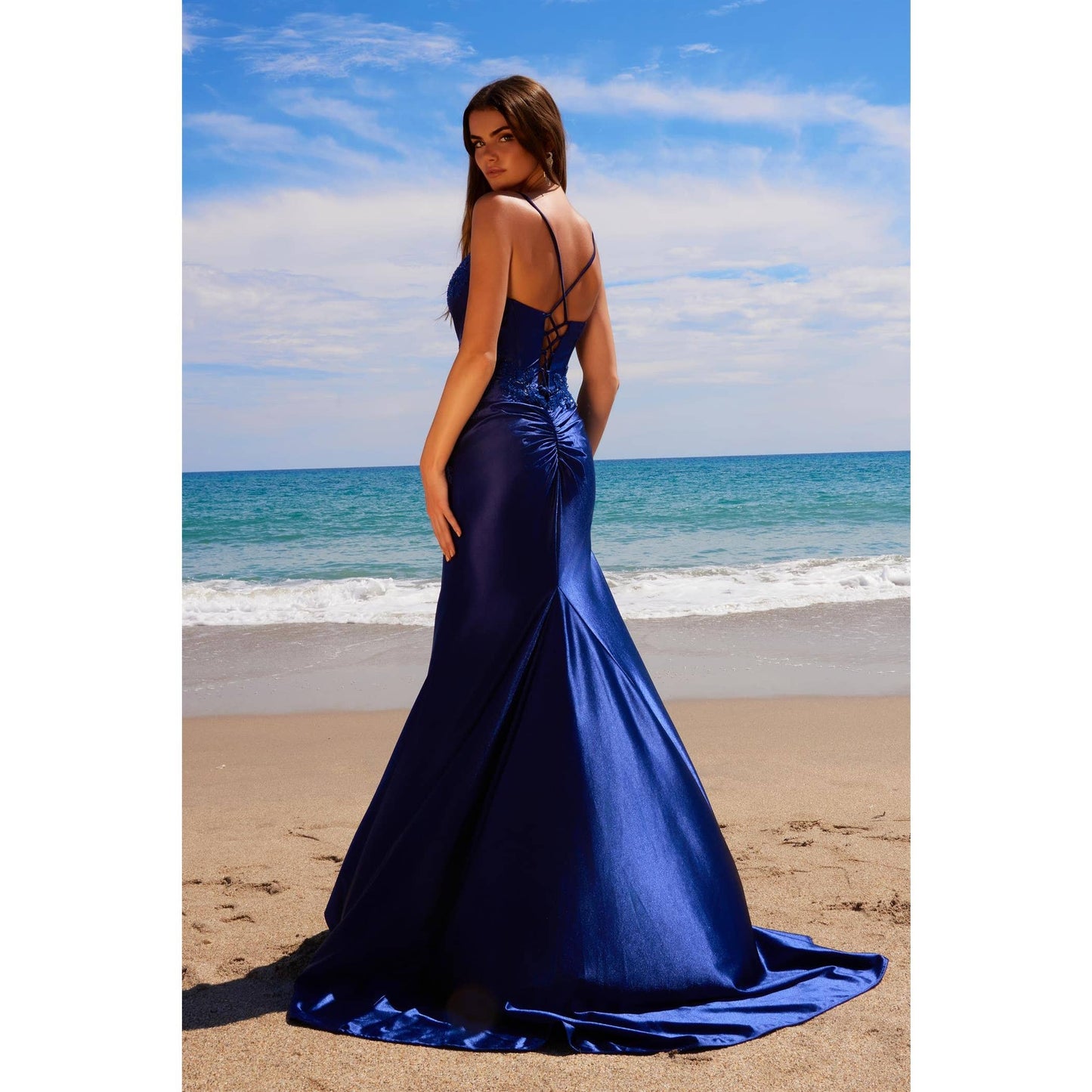Beaded Satin Lace-Up Gown