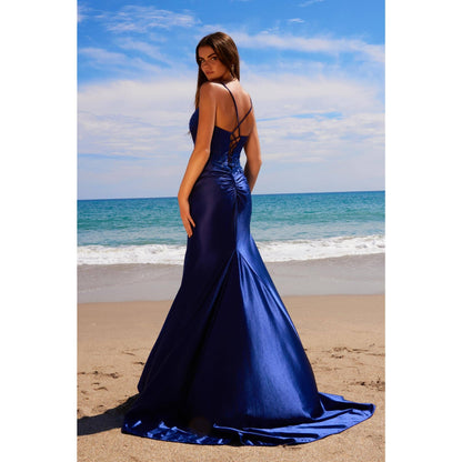 Beaded Satin Lace-Up Gown